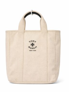 Tory Burch Cream Canvas Tote with Black Logo Handles